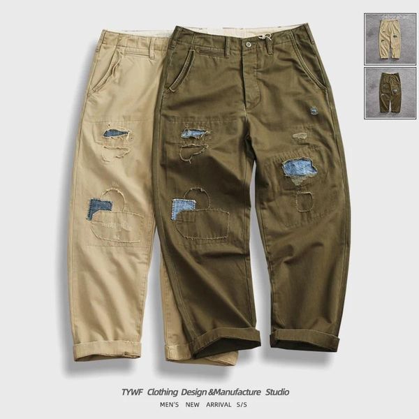 Pantaloni da uomo primavera ed estate tendenza americana buco pesante patch cargo di cotone puro lavati pantaloni casual dritti sciolti