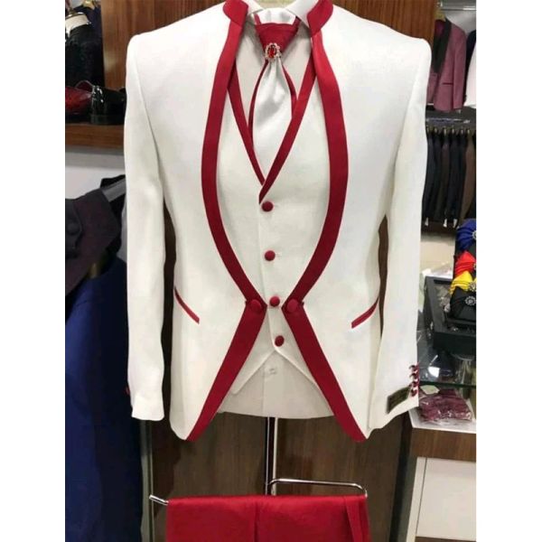 Giacche 3 pezzi smoking da sposa per lo sposo con stand da uomo in bianco e rosso giacca giacca pantaloni maschio pantaloni costume su misura