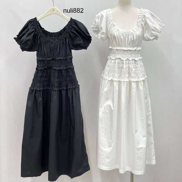 Marca de moda feminina Moda de algodão preto e branco manga curta coletada na cintura midi vestido