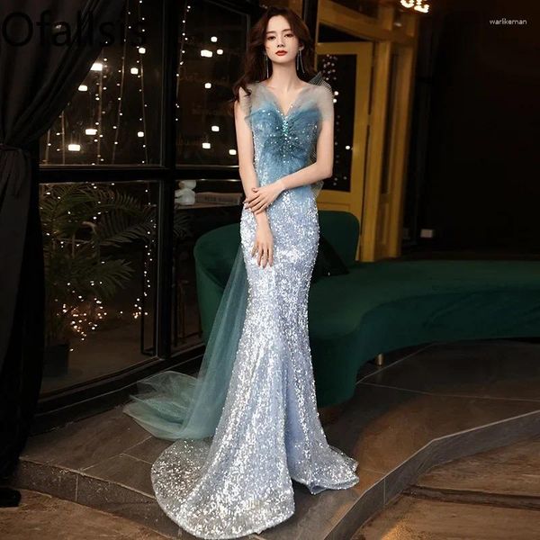 Abiti da festa Ofallsis Sexy Fishtail Abito da sera 2024 Banquet Sky Blue Strapless Long Annual Conference Conference Female Female Vestidos