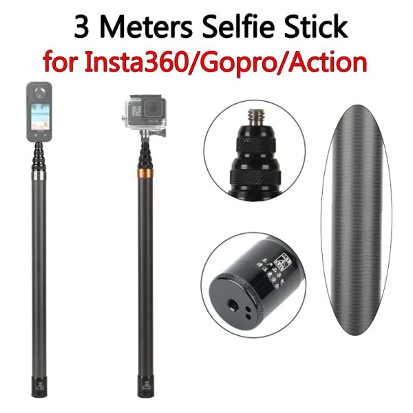 Sticks 3M Kohlefaser -Selfie -Stick für Insta360 Ein x/x2/x3/r/rs gopro 9/10/11 Mini Action Kamera 1/4 Schraubenanschluss für DJI -Aktion 4