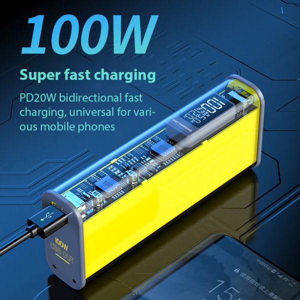 Chargers Portable Power Bank 20000mAh PD100W/22.5W Super Fast Charge PowerBank Bateria USB TPYE C Carregador de laptop de alta potência com cabo