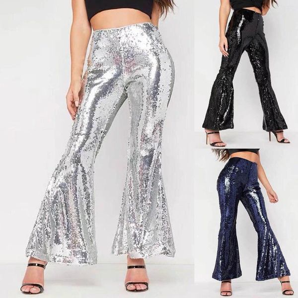 Pants für Frauenhosen Pailletten Flare sexy glänzende Hohe Taille Hosen Stretch Nightclub Kleid für Frauen Street Vintage Streetwear