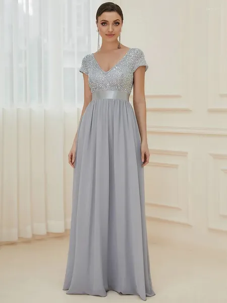 Abiti da festa Elegante serata una linea Abito con paillettes di chiffon a V-Neck Chiffon 2024 Ever Push of Simple Prom Women Dress