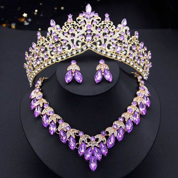 Colares de jóias de jóias de jóias de coroa de cristal roxo de luxo conjunto de jóias princesa rainha rosa tiaras brinhos de casamento de noiva