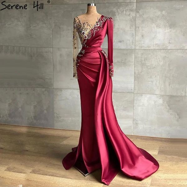 Vestidos de festa serene colina de vinho muçulmano Red Luxury sereia vestidos de noite 2024 cetim elegante contas para mulheres gla70990