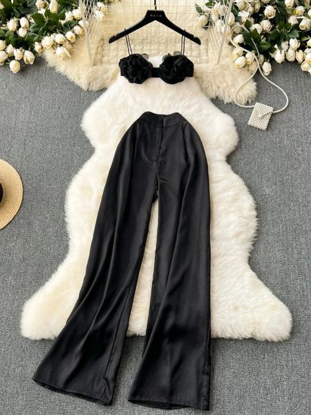 Calças de duas peças femininas Foamlina Mulheres verão Sexy Black 3D Decoração floral Ultra Camis Top e cídica alta Long Peças longas conjuntos