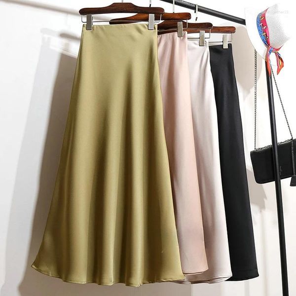 Saias de saia A-line de cintura alta para mulheres cetim seda sólida elegante escritório lady elástico cintura feminina 2024 verão