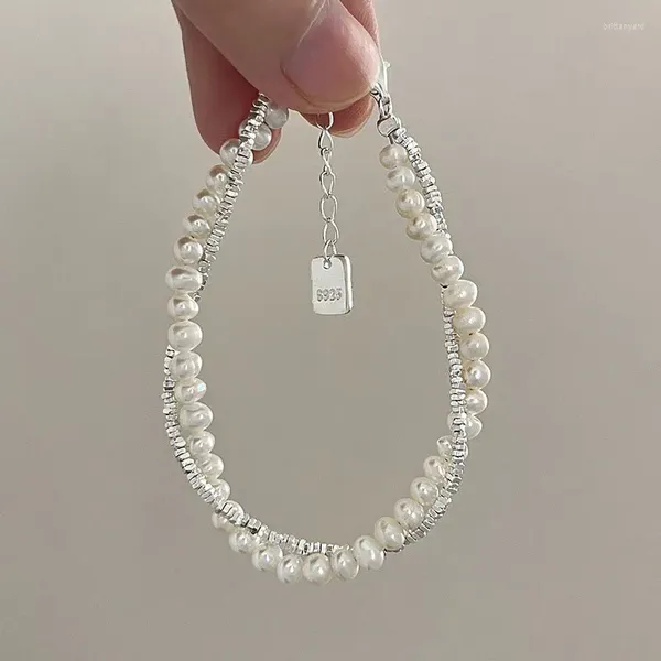 Braccialetti Link 925 Bracciale in argento sterling a doppio strato perla per donna ragazza vintage design di lusso per allogio coreano gioielli