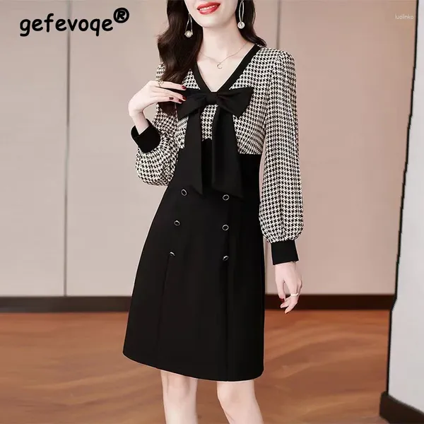 Vestidos casuais outono inverno vintage impressão de impressão de retalhos de retalhos de retalhos femininos elegantes moda bow vsetidos mulheres manto de temperamento femme femme