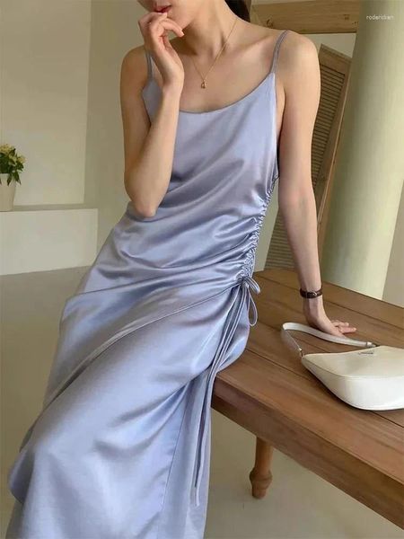 Lässige Kleider elegantes Temperament Perlblau O-Neck Side Falten Schnüre-up Taille Slim Sexy Sling Kleid für Frauen 2024 Frühlings Sommer x875