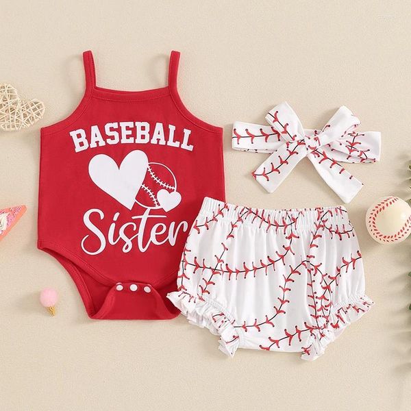 Kleidung Sets Baby Girl Summer Set Letter Herzdruck ärmelloser Strampler mit Baseballmuster gekräuseltes Shorts und Stirnband 3 PCs Outfit