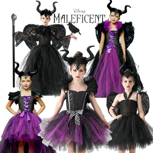 Maleficent kostüm elbisesi cadılar bayramı kızlar fantezi vaftiz vaftiz siyah glam jownprom çocuklar cosplay iblis kraliçe cadı kıyafetleri