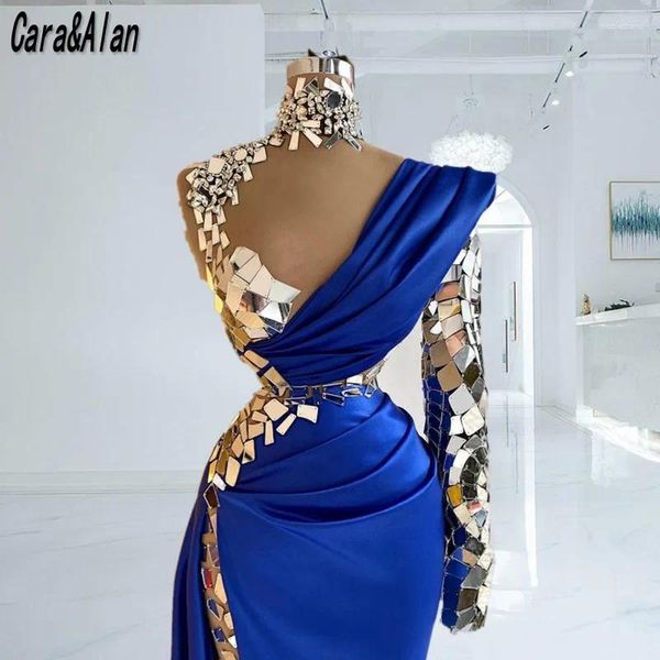 Partykleider funkelnder blauer Abend 2024 Langarm hoher Nacken Pequin Satin Side Schlitzabschlusskleid formelle Kleider Abiti da Cerimonia