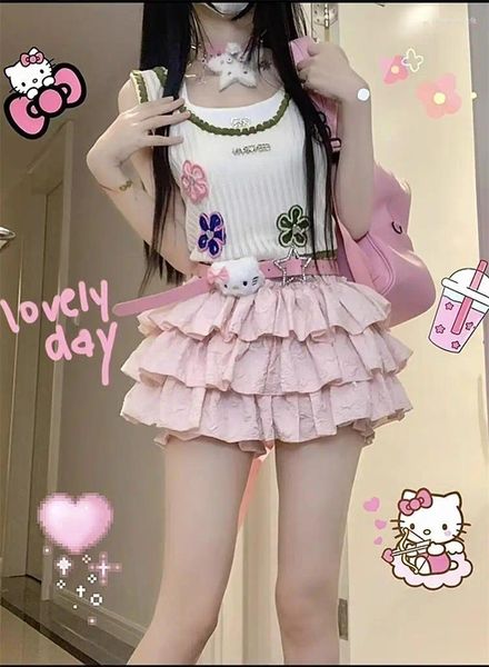 Saias saia rosa doce cintura alta y2k kawaii roupas dobradas punk fofo lolita sexy 2024 mini cutecore menina 90s
