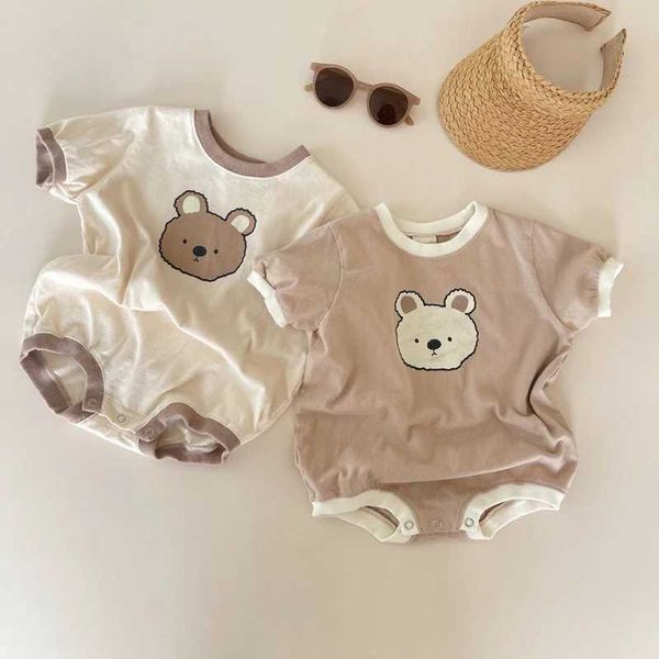 Rompers 2023 Summer Baby Girl Boys Bear Cash Cash Short ShortSuitsuits tutesuit Toddler Boy Cotton Cartoon Ganper One-pezzi Abbigliamento H240425