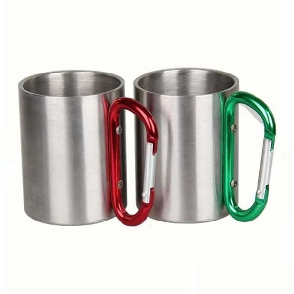 Stock 220ml em canecas por atacado ao ar livre aço inoxidável caneca de caneca de caneca de câmera de gco de alumínio do gancho de parede dupla de parede dupla Dh6om Staless Caraber Alumium p