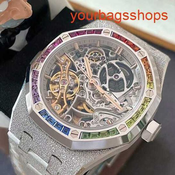 Weibliche AP -Handgelenk Wache Royal Oak Serie 15466BC Hohlwaatshochgold Frost Gold Original eingelegtes Regenbogen Diamond Unisex Freizeitgeschäftssport Mechanical Watch