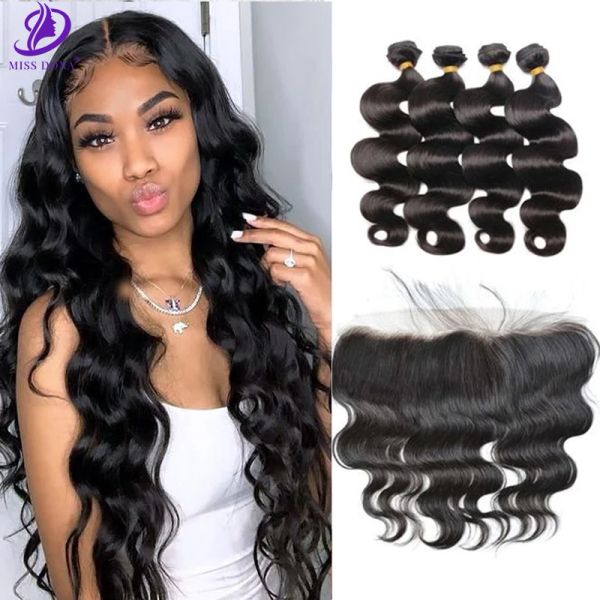 Parrucche Wigs Wave Hair Weaving Bundles con Frontal 36 38 40 pollici onda del corpo brasiliano Capelli umani 13x4 Chiusura frontale in pizzo con fasci