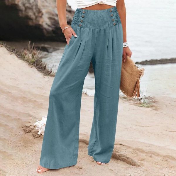 Calça feminina Botão de cintura alta longa perna larga perna larga Casual Palazzo Baggy Beach Troushers com bolso Blue Sky