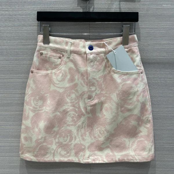 Röcke Frauen Frühling Sommer rosa Baumwolle High-T-T-A-Line Rose Print Minirock süßer trendiger lässiger, schlanker weiblicher Kleidung