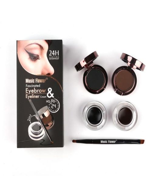 Müzik Çiçek Markası 2 in 1 Jel Eyeliner Kaş Tozu Makyaj Paleti Su geçirmez Siyah Kahverengi Doğal Göz Hattı Kozmetik Set2297187