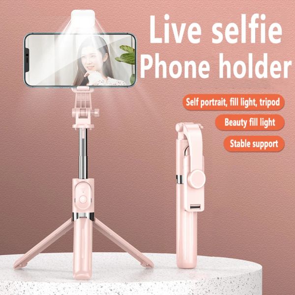 Sticks Wireless Bluetooth Selfie Stick Tripé Preenche a luz do Android iPhone Phone Tripé portátil dobrável com controle remoto