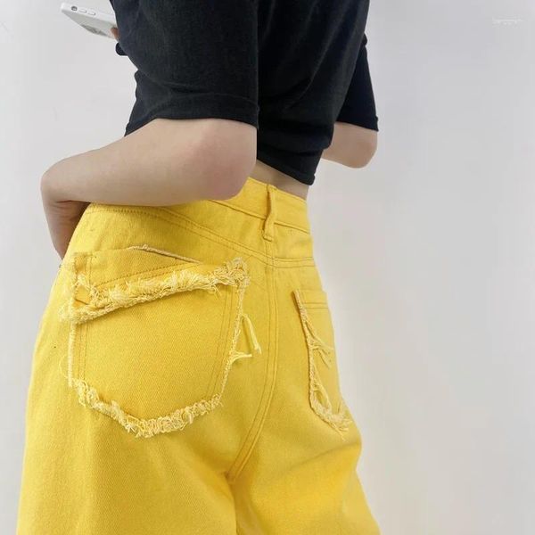 Donne da donna Giallo Donne estate in alto baggy in vita alta pantaloni a gamba larga dritta pantalon vintage mujer