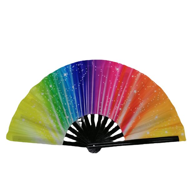 10-Zoll-Lüfter Bambusknochen 33 cm Regenbogenfan Populäres Stoff KKung Fu Fan Regenbogen mehrfarbiger Ring-Fan stabil für Auftritte