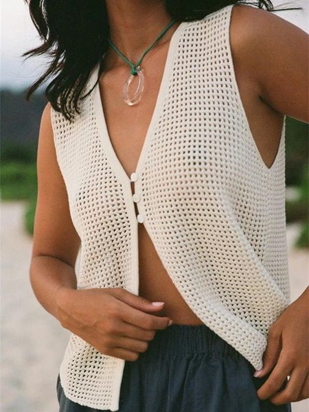 Tanques femininos Tossy Tossy Sexy Crochet Veja através de Top Fashion Fashion sem mangas V pescoço elegante e elegante malha de malha de praia Blouse Blouse