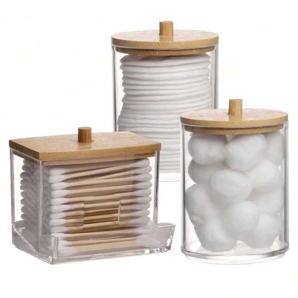 Garrafas de armazenamento Jars 3pcs Dispensador de cotonete de plástico transparente e suporte QTIP para banheiro - Sais de banheira de galhetes mais Rounds H240425