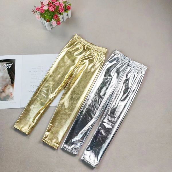 Leggings Girls 'Gold Leggings Calças de ioga infantis elásticas e brilhantes dança de dança apertada adequada para o exercício escolar adolescente