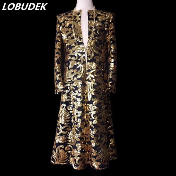 Jackets Gold Ligins Trench Coat Moda Male Shining Long Outerwear moda moda maré Men boate concert performance trajes