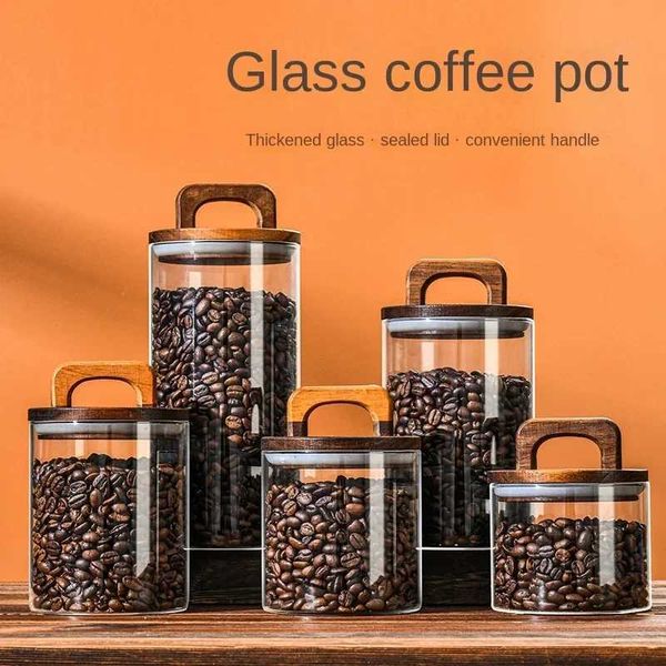 Garrafas de armazenamento frascos 800-2100ml jarra de vidro de madeira 1 alimentos de comida hermética Coffee Kitchen Storage Garrafa de piso selado para grande conjunto H240425