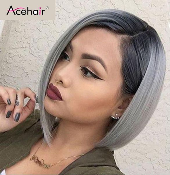 Acehair Ombre 1b Grey Bob Wig 13x4 Short Bob Wigs Brasilian Straiight Lace Front Capelli Human Wig Capelli Remy per donna nera4171889