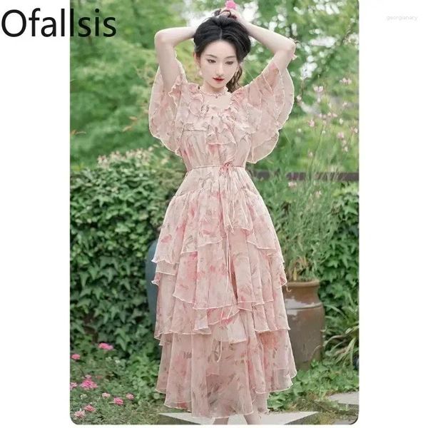 Vestidos de festa de Allsis Light Luxury Facation Floral Impressed Dress 2024 Verão Fada francesa Lace Gentle Lace Up Beach Long feminino