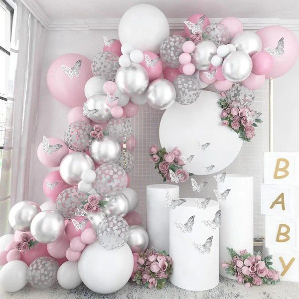 Decoração de festa 98pcs rosa prata borboleta balão guirlanda arco kit aniversário crianças decoração de casamento chuveiro bebê menina de látex baloon