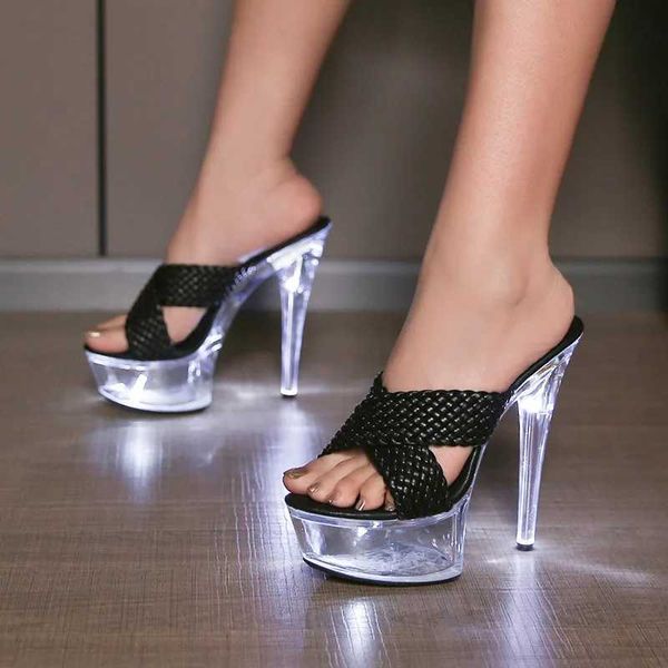 Kleidungsschuhe Ltarta Neue Mode Nachtclubs mit transparenten Stilettos und 13 cm15 cm gewebte leuchtende LED -Leuchttanzschuhe LFD H240425