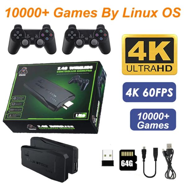 Stick Lemfo M8 Game Stick 4K Linux OS TV Video Video Console de videogame Construindo mais de 10000 jogos 2,4g Dual Wireless Handle 64 GB Games para PS1 SFC