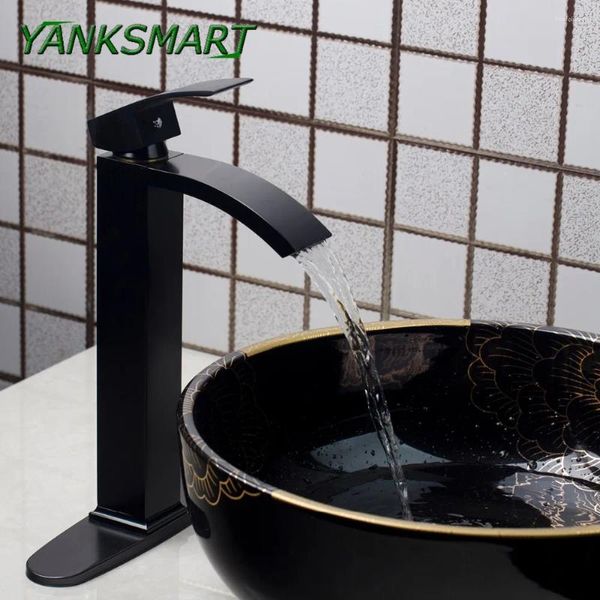 Torneiras de pia do banheiro Yanksmart Faucet Waterfall Pintura preta com tampa da placa de capa Manuja de deck de deck de deck torneira torneira