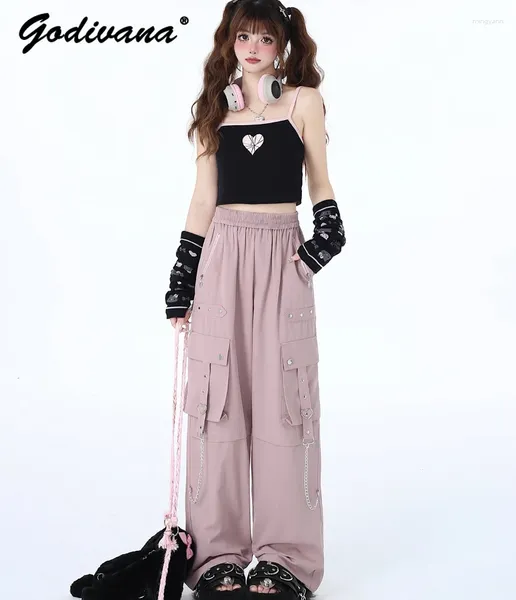 Frauenhose süße kühle Kette Design Lose schwarz rosa Fracht Frühling Sommermädchen Elastische Taille geradeaus Overalls Overalls