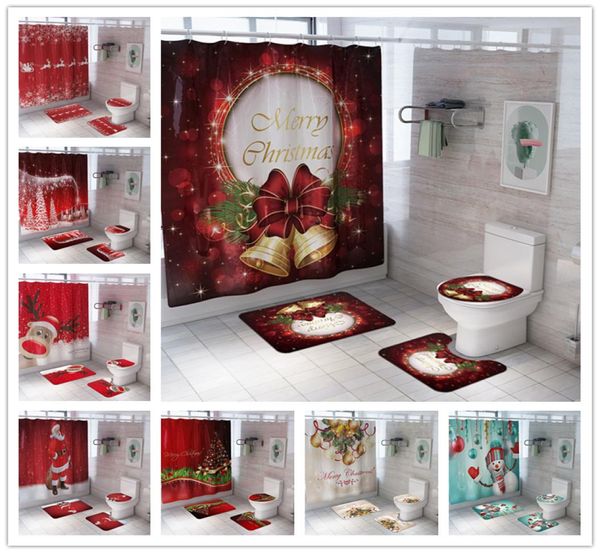 Рождественский занавес душа с ванными ковриками Педестал коврик для туалетной крышки водонепроницаемы