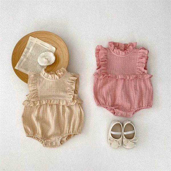 Rompers 0-24 meses Recém-nascidos Menina Plain Compuit macio Bodys Bodys Ruffles sem mangas Verão Romper respirável para criança roupas meninas H240425