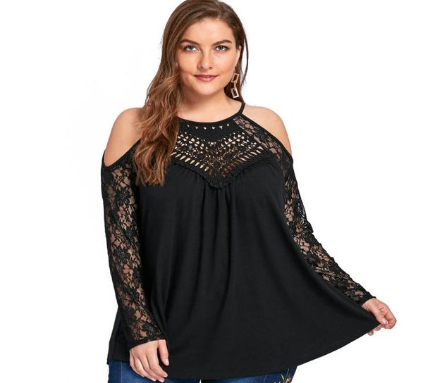 Wipalo plus size mulheres blusas 5xl lacas frias de ombro no topo das mulheres roupas de renda sexy crochê de malha pura camisa de blusa de tamanho grande t2835011