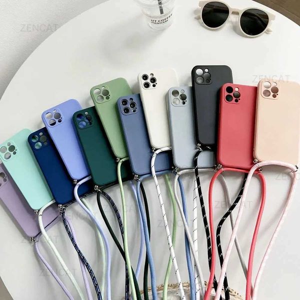 Mobiltelefonkisten Crossbody Halskette Gurt Lanyard Kabel Flüssiges Silikon -Telefon Hülle für iPhone 15 14 13 12 Mini 11 Pro Xr XR XS Max 7 8plus SE Cover 240423