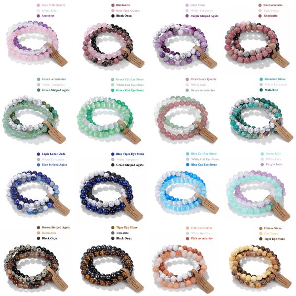 Fios 3pcs/conjunto de 8mm de pulseiras de miçangas naturais de pedra para homens turquesas rosa quartzo tigre pulseira de olho com jóias de tags de desejamento