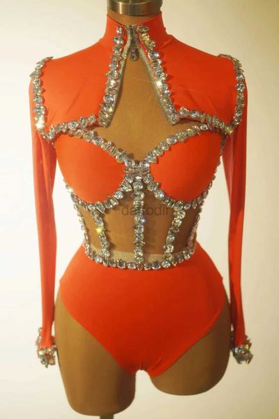 Desgaste do palco de aniversário Rhinestones lantejão Bodysuit Women Sexy Dança Costume de Nightclub Singer Stage