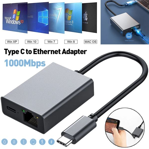 Adattatore da 1000 Mbps Typec su RJ45 Internet Cavo Plug e riproduci USB su Ethernet Adattatore Adattatore Assistenza PD Ricarica PD per telefono cellulare/tablet
