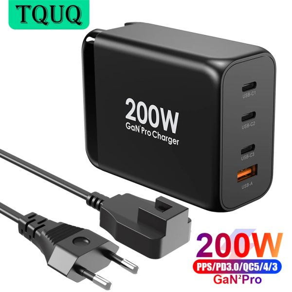 Chargers TQUQ 200W GAN USB C ADAPTER POWER, 4 PORT PD 100W 65W PPS QC5 45W SCP для ноутбуков MacBook iPad iPhone Samsung Xiaomi