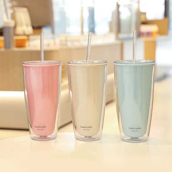 Tumblers 750ml Çift Katmanlı Plastik Saman Kupaları Kaplamalı BPA Çay Kahve Mücevher Suyu Süt Kupası İçmek İçin Ücretsiz Su Şişesi H240425